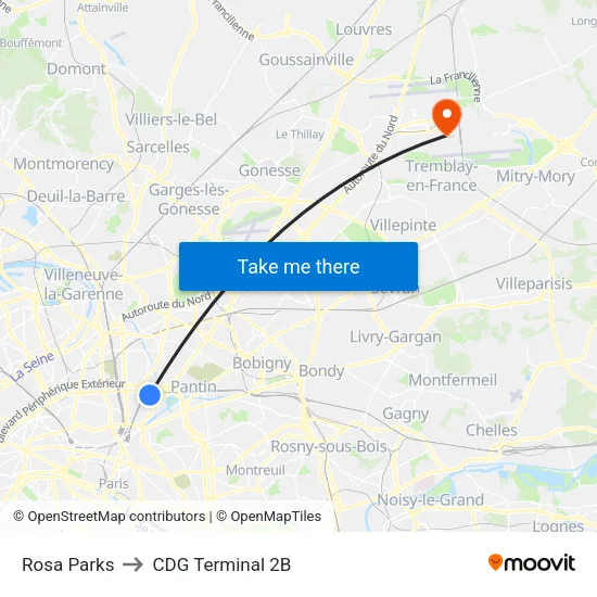 Rosa Parks to CDG Terminal 2B map