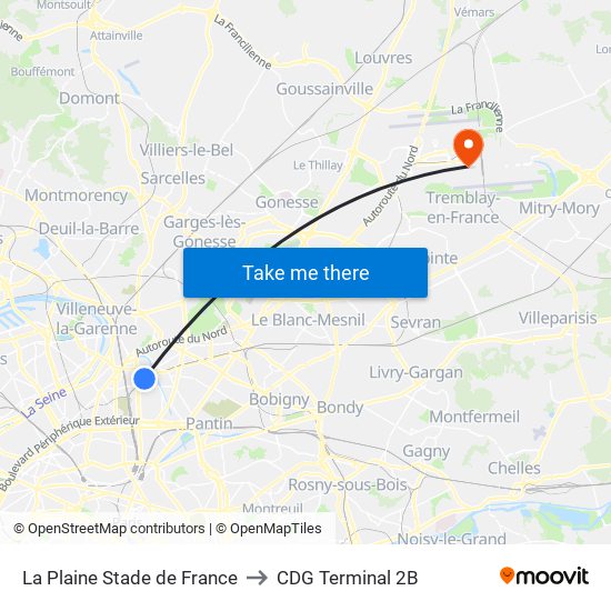 La Plaine Stade de France to CDG Terminal 2B map