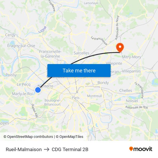 Rueil-Malmaison to CDG Terminal 2B map