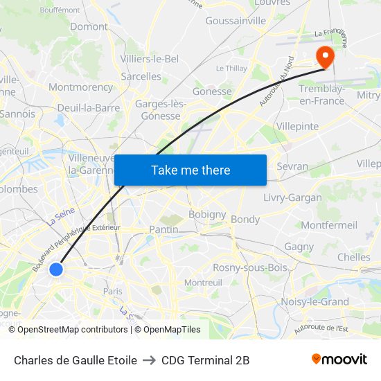 Charles de Gaulle Etoile to CDG Terminal 2B map