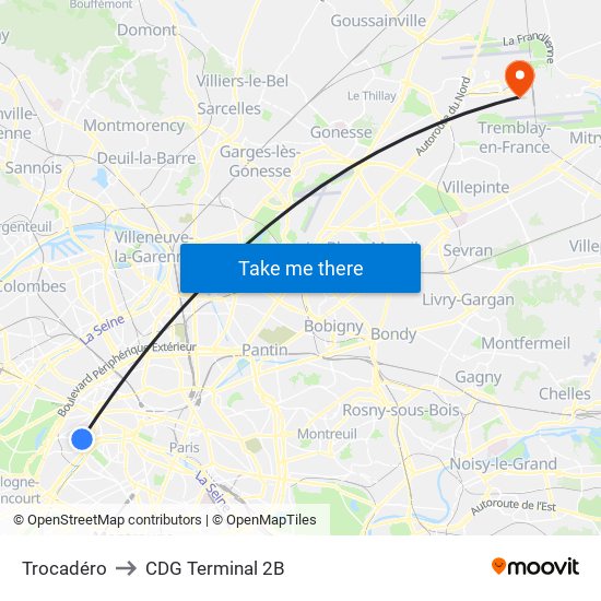 Trocadéro to CDG Terminal 2B map