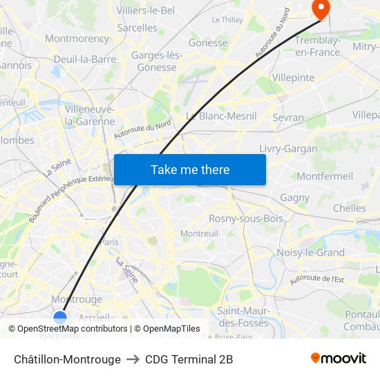 Châtillon-Montrouge to CDG Terminal 2B map