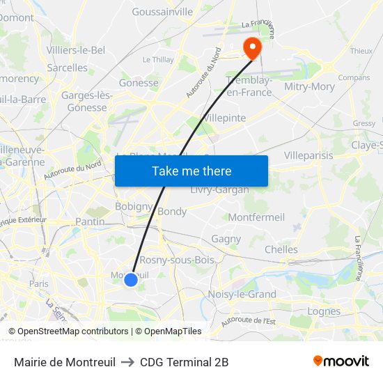 Mairie de Montreuil to CDG Terminal 2B map