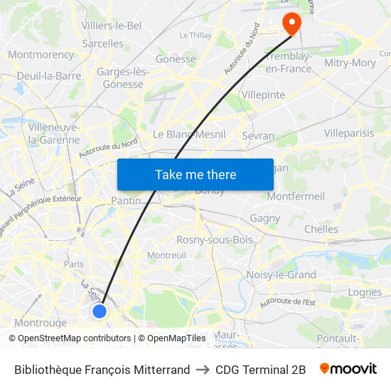Bibliothèque François Mitterrand to CDG Terminal 2B map