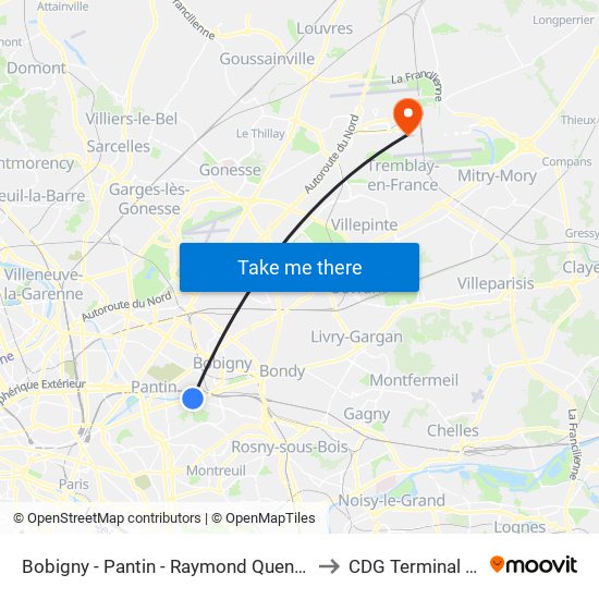 Bobigny - Pantin - Raymond Queneau to CDG Terminal 2B map