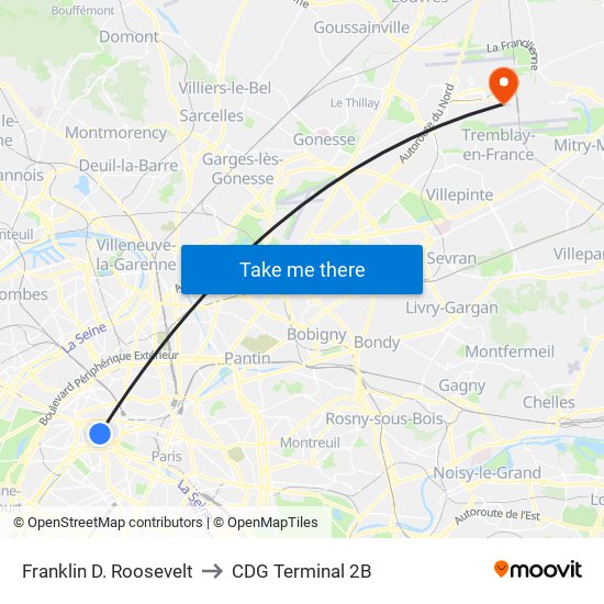 Franklin D. Roosevelt to CDG Terminal 2B map