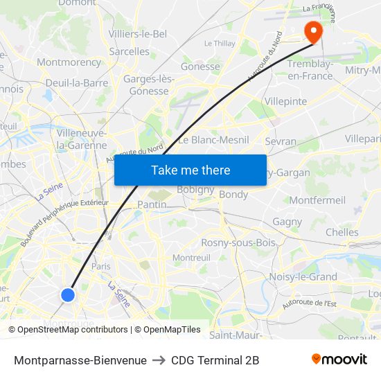 Montparnasse-Bienvenue to CDG Terminal 2B map