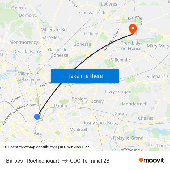Barbès - Rochechouart to CDG Terminal 2B map