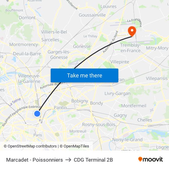 Marcadet - Poissonniers to CDG Terminal 2B map