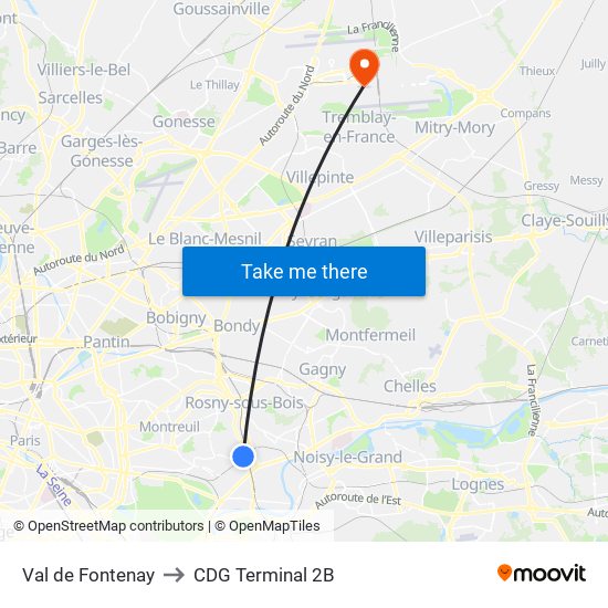 Val de Fontenay to CDG Terminal 2B map