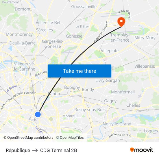 République to CDG Terminal 2B map