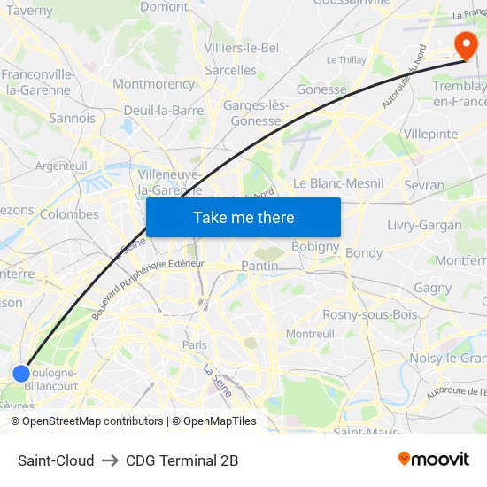 Saint-Cloud to CDG Terminal 2B map