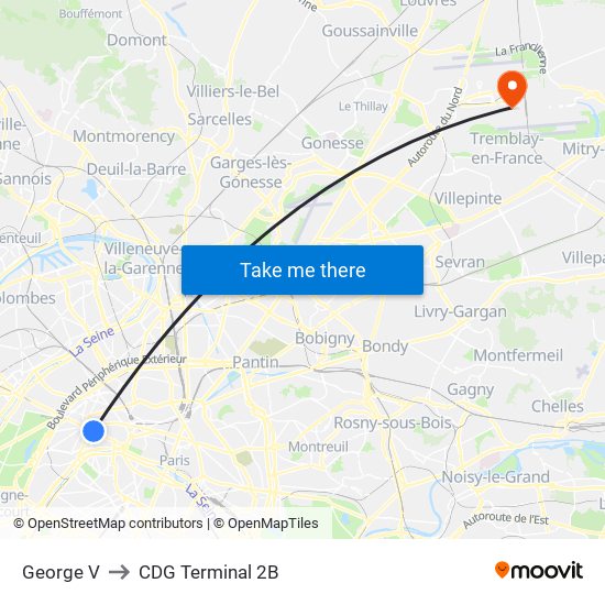 George V to CDG Terminal 2B map