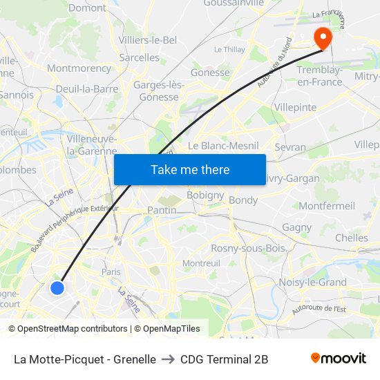 La Motte-Picquet - Grenelle to CDG Terminal 2B map