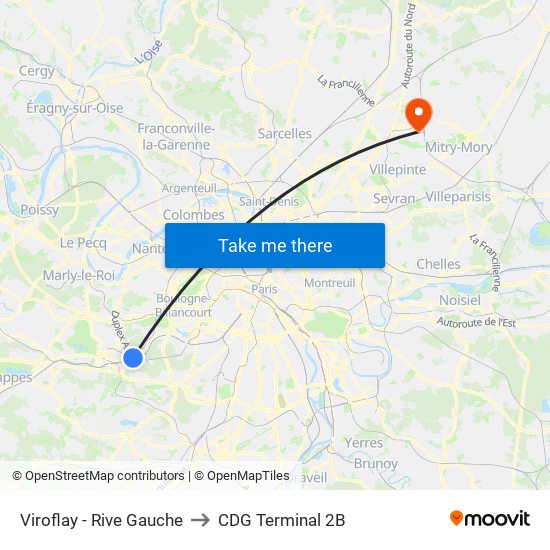 Viroflay - Rive Gauche to CDG Terminal 2B map