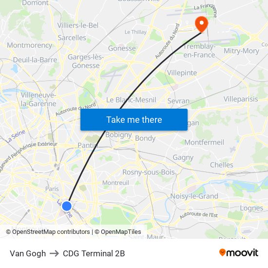 Van Gogh to CDG Terminal 2B map