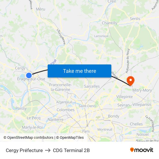 Cergy Préfecture to CDG Terminal 2B map