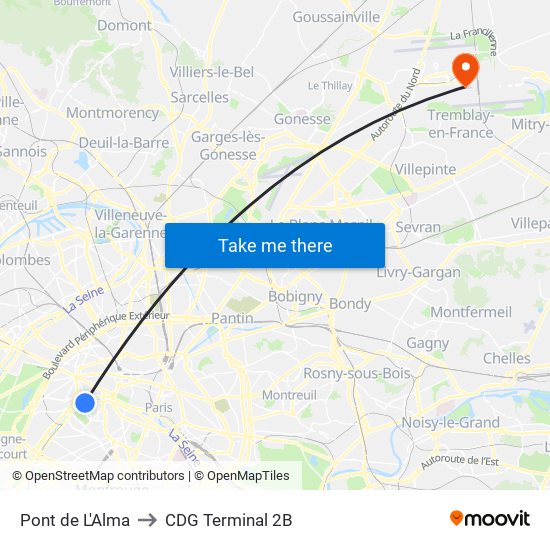 Pont de L'Alma to CDG Terminal 2B map