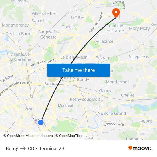 Bercy to CDG Terminal 2B map