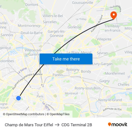 Champ de Mars Tour Eiffel to CDG Terminal 2B map