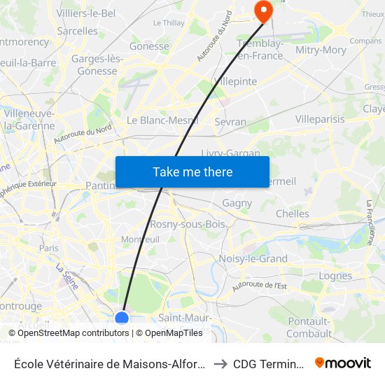École Vétérinaire de Maisons-Alfort - Métro to CDG Terminal 2B map