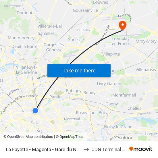 La Fayette - Magenta - Gare du Nord to CDG Terminal 2B map