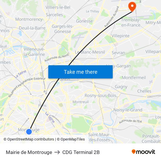 Mairie de Montrouge to CDG Terminal 2B map
