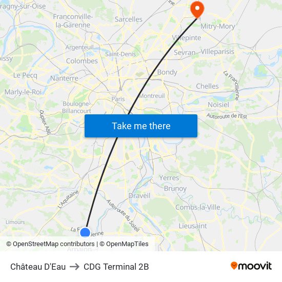 Château D'Eau to CDG Terminal 2B map