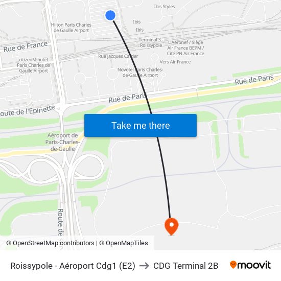 Roissypole - Aéroport Cdg1 (E2) to CDG Terminal 2B map
