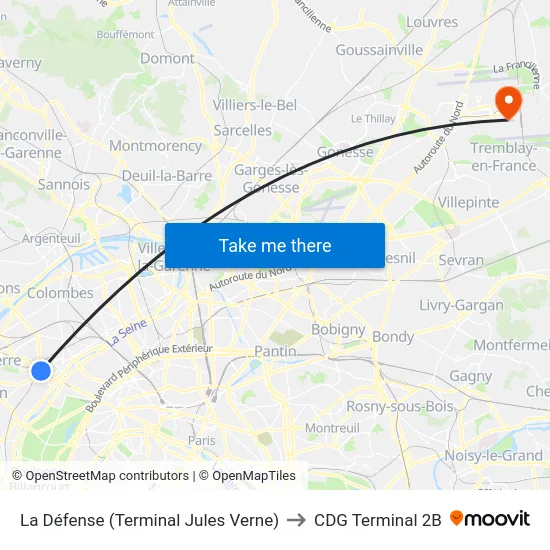 La Défense (Terminal Jules Verne) to CDG Terminal 2B map