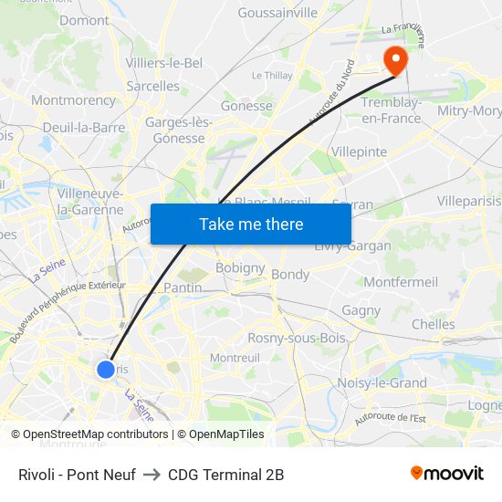 Rivoli - Pont Neuf to CDG Terminal 2B map