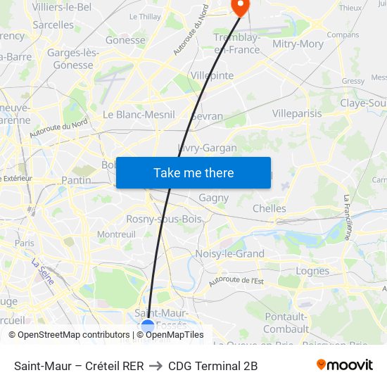 Saint-Maur – Créteil RER to CDG Terminal 2B map