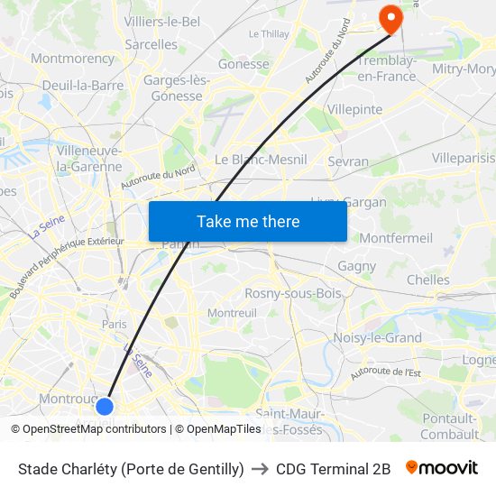 Stade Charléty (Porte de Gentilly) to CDG Terminal 2B map