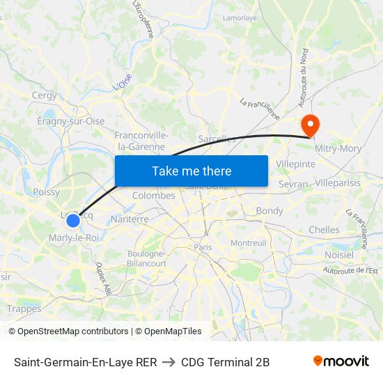 Saint-Germain-En-Laye RER to CDG Terminal 2B map