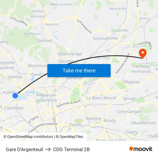 Gare D'Argenteuil to CDG Terminal 2B map