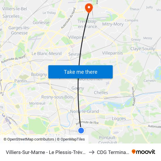 Villiers-Sur-Marne - Le Plessis-Trévise RER to CDG Terminal 2B map