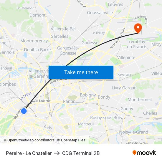 Pereire - Le Chatelier to CDG Terminal 2B map