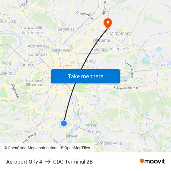 Aéroport Orly 4 to CDG Terminal 2B map