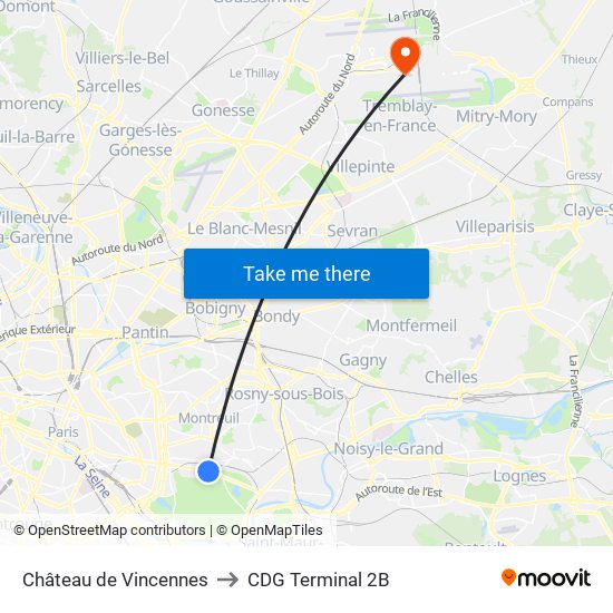 Château de Vincennes to CDG Terminal 2B map