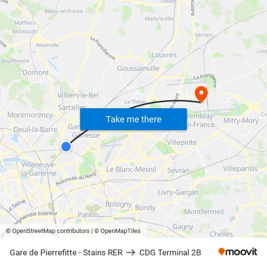 Gare de Pierrefitte - Stains RER to CDG Terminal 2B map