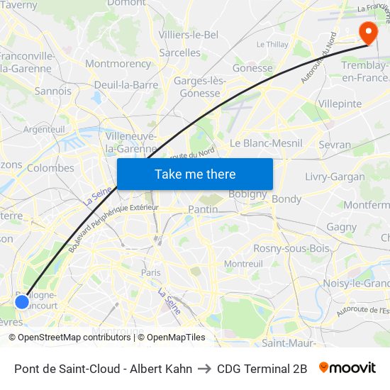 Pont de Saint-Cloud - Albert Kahn to CDG Terminal 2B map