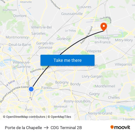 Porte de la Chapelle to CDG Terminal 2B map