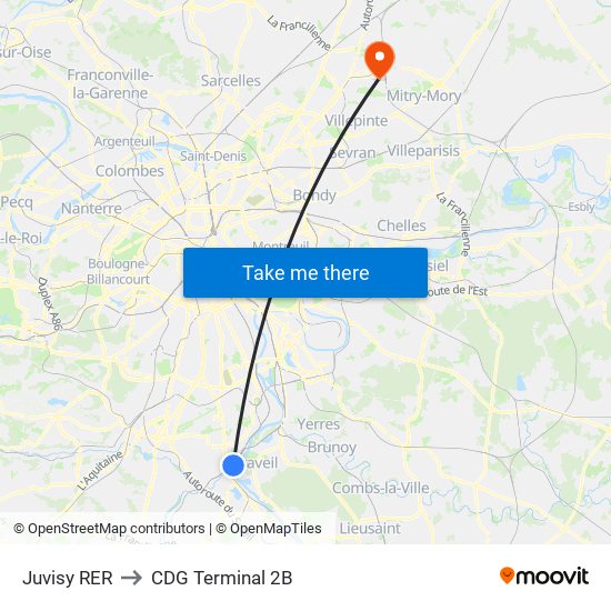 Juvisy RER to CDG Terminal 2B map