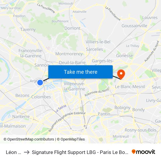 Léon Feix to Signature Flight Support LBG - Paris Le Bourget Terminal 3 map