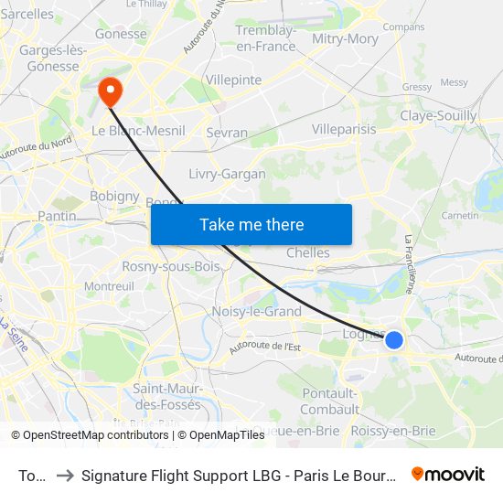 Torcy to Signature Flight Support LBG - Paris Le Bourget Terminal 3 map