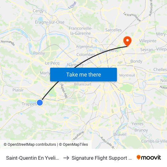 Saint-Quentin En Yvelines - Montigny-Le-Bretonneux to Signature Flight Support LBG - Paris Le Bourget Terminal 3 map
