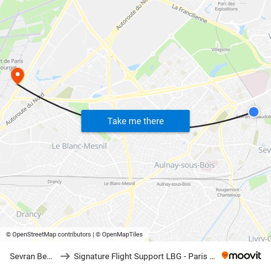 Sevran Beaudottes to Signature Flight Support LBG - Paris Le Bourget Terminal 3 map