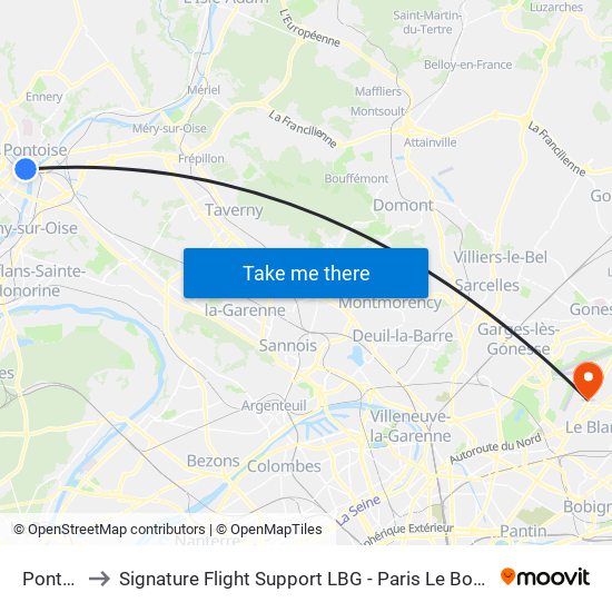 Pontoise to Signature Flight Support LBG - Paris Le Bourget Terminal 3 map