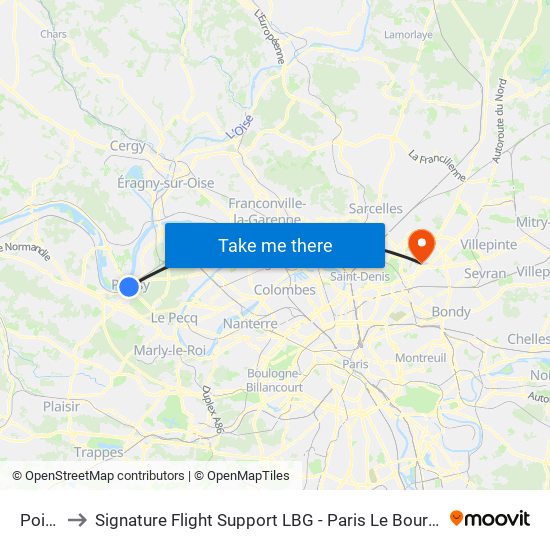 Poissy to Signature Flight Support LBG - Paris Le Bourget Terminal 3 map