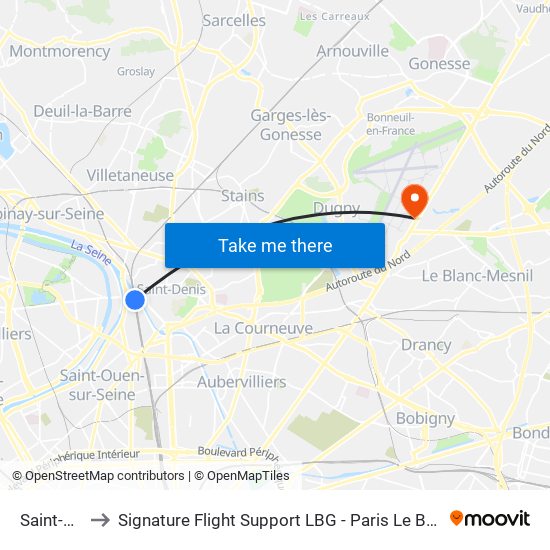 Saint-Denis to Signature Flight Support LBG - Paris Le Bourget Terminal 3 map